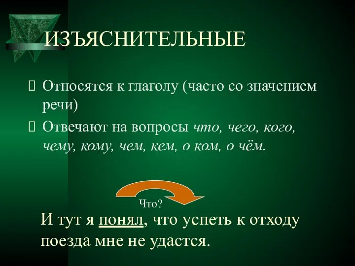 ИЗЪЯСНИТЕЛЬНЫЕ Относятся к глаголу (часто со значением речи) Отвечают на вопросы