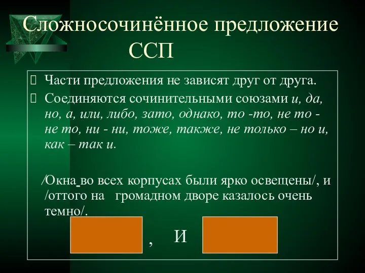 Сложносочинённое предложение ССП Части предложения не зависят друг от друга. Соединяются