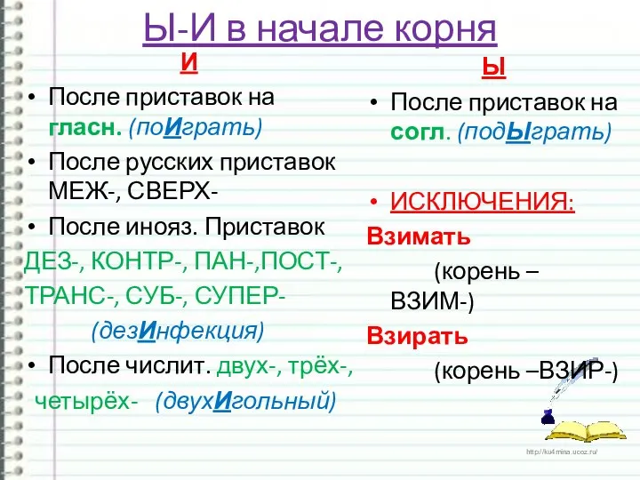 Ы-И в начале корня И После приставок на гласн. (поИграть) После