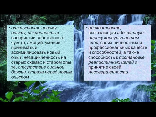 открытость новому опыту, искренность в восприятии собст­венных чувств, эмоций, умение принимать