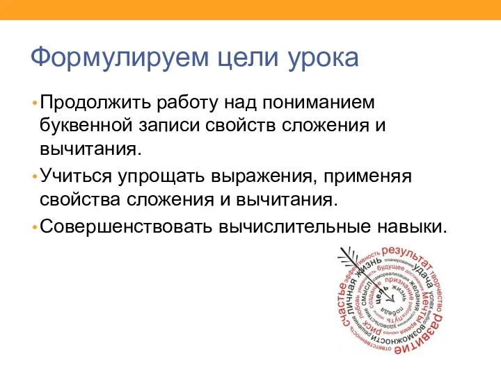 Формулируем цели урока Продолжить работу над пониманием буквенной записи свойств сложения