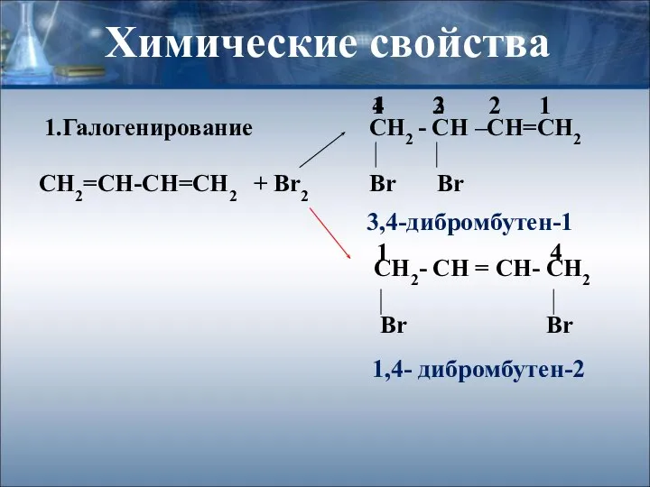 Химические свойства 1.Галогенирование СН2 - СН –СН=СН2 СН2=СН-СН=СН2 + Br2 Br