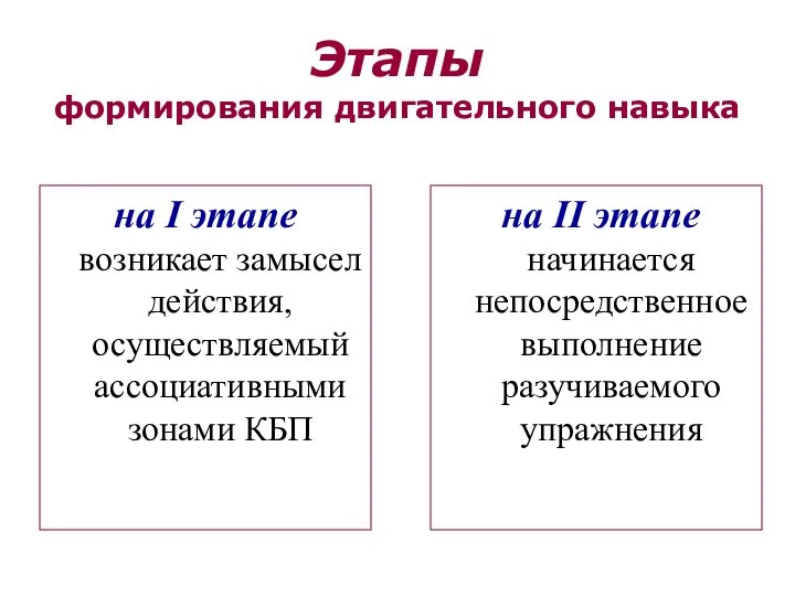 Этапы формирования двигательного навыка на I этапе возникает замысел действия, осуществляемый