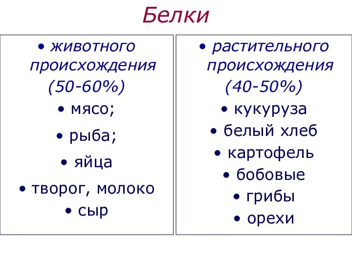 Белки животного происхождения (50-60%) мясо; рыба; яйца творог, молоко сыр растительного