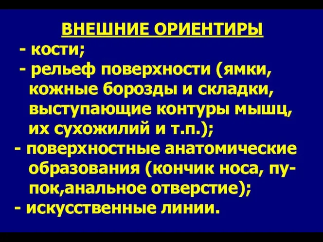 ВНЕШНИЕ ОРИЕНТИРЫ - кости; - рельеф поверхности (ямки, кожные борозды и