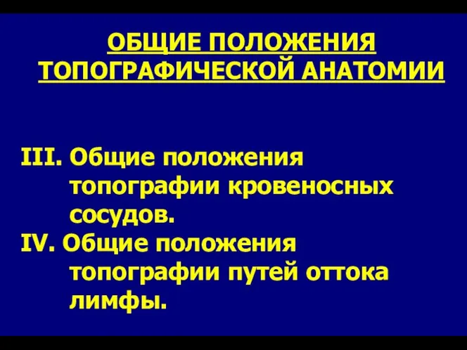 ОБЩИЕ ПОЛОЖЕНИЯ ТОПОГРАФИЧЕСКОЙ АНАТОМИИ III. Общие положения топографии кровеносных сосудов. IV.