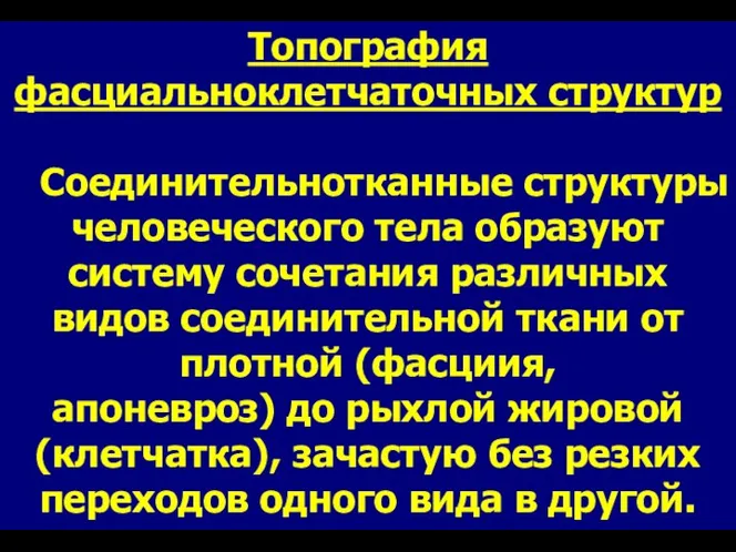 Топография фасциальноклетчаточных структур Соединительнотканные структуры человеческого тела образуют систему сочетания различных