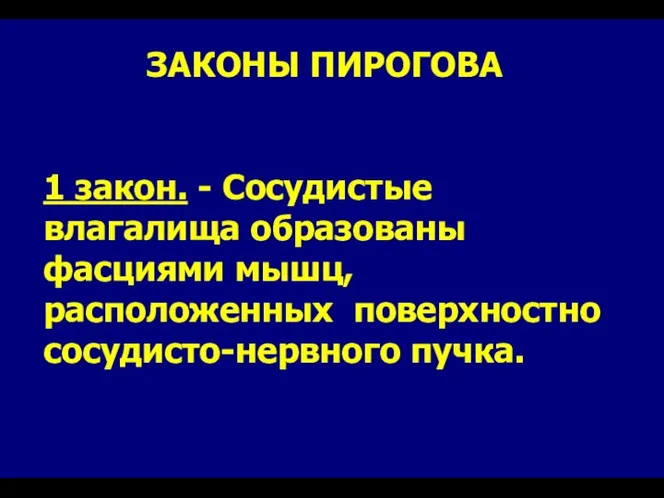 ЗАКОНЫ ПИРОГОВА 1 закон. - Сосудистые влагалища образованы фасциями мышц, расположенных поверхностно сосудисто-нервного пучка.