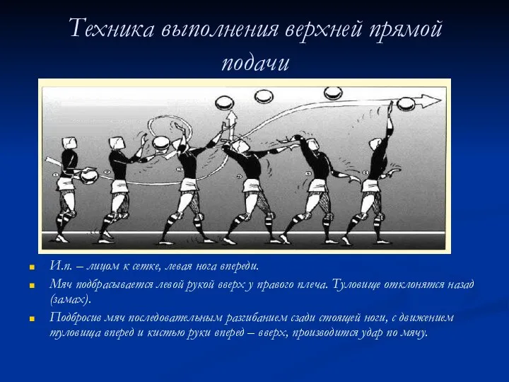 Техника выполнения верхней прямой подачи И.п. – лицом к сетке, левая