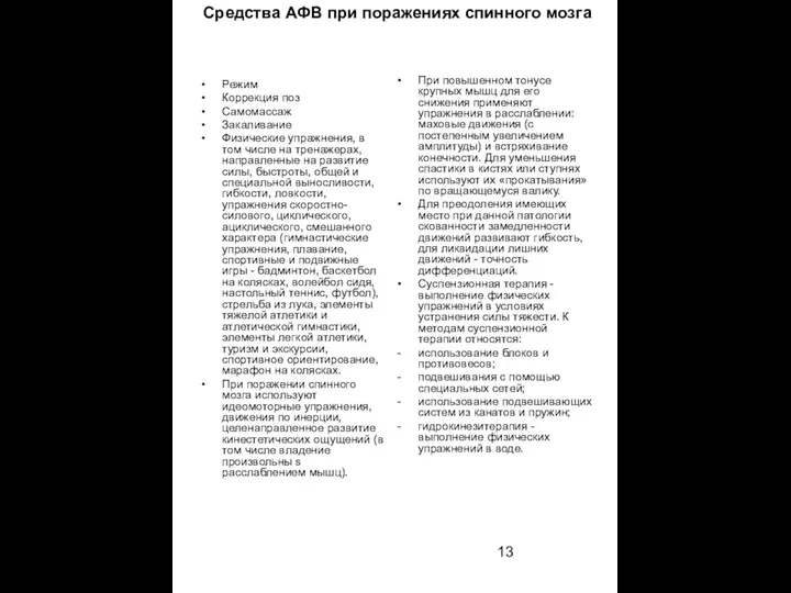 Средства АФВ при поражениях спинного мозга Режим Коррекция поз Самомассаж Закаливание