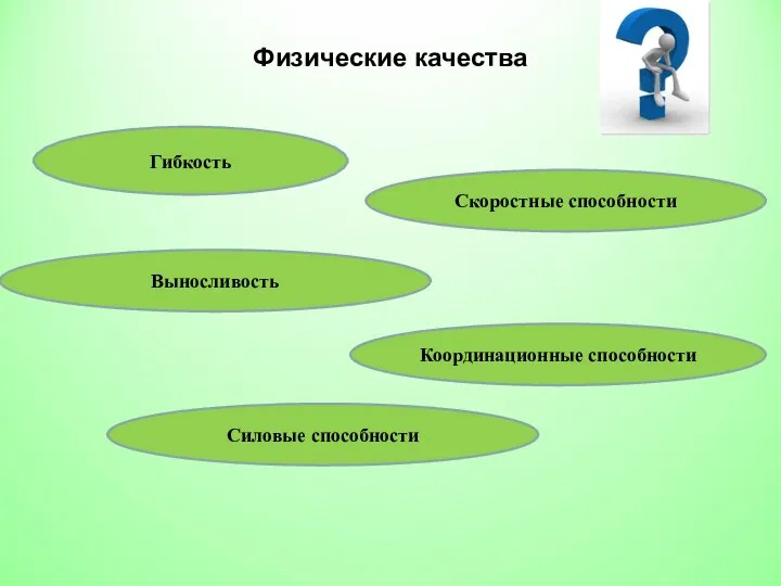 Физические качества Гибкость Координационные способности Скоростные способности Выносливость Силовые способности