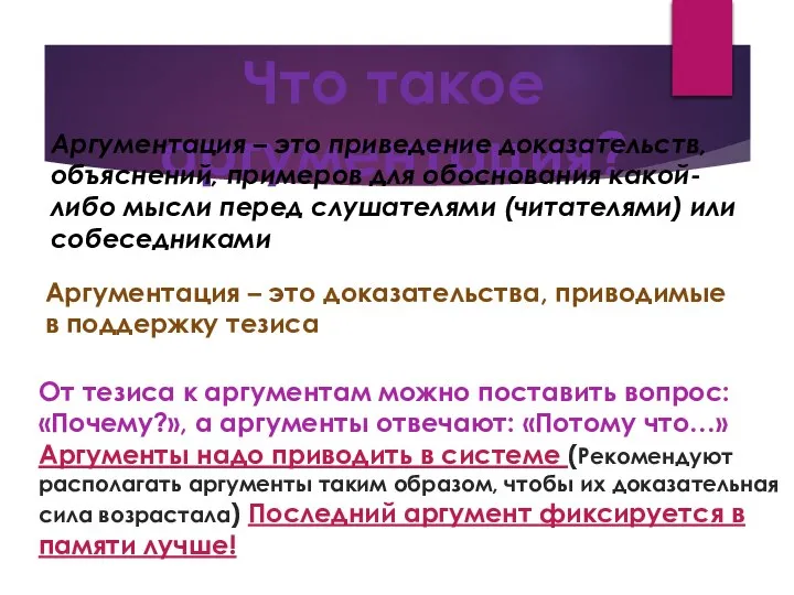 Что такое аргументация? Аргументация – это приведение доказательств, объяснений, примеров для