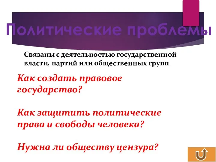 Политические проблемы Связаны с деятельностью государственной власти, партий или общественных групп