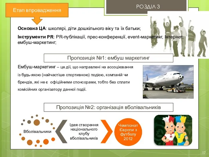 РОЗДІЛ 3 17 Етап впровадження Пропозиція №2: організація вболівальників Пропозиція №1: