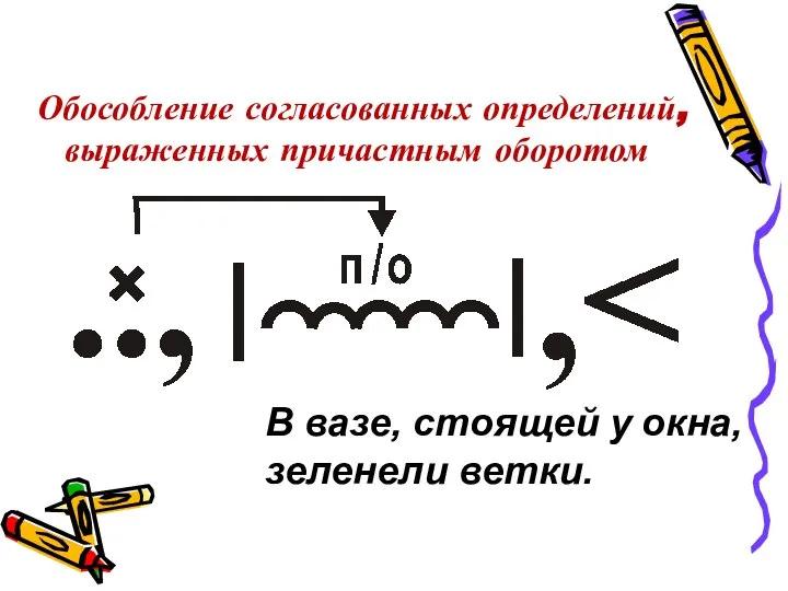 Обособление согласованных определений, выраженных причастным оборотом В вазе, стоящей у окна, зеленели ветки.