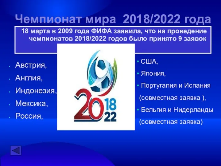 Чемпионат мира 2018/2022 года 18 марта в 2009 года ФИФА заявила,