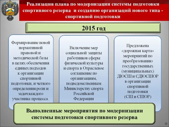 Реализация плана по модернизации системы подготовки спортивного резерва и созданию организаций нового типа - спортивной подготовки