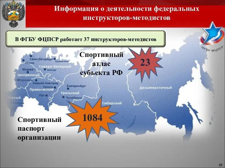 Спортивный атлас субъекта РФ Спортивный паспорт организации 23 1084 Информация о деятельности федеральных инструкторов-методистов 49