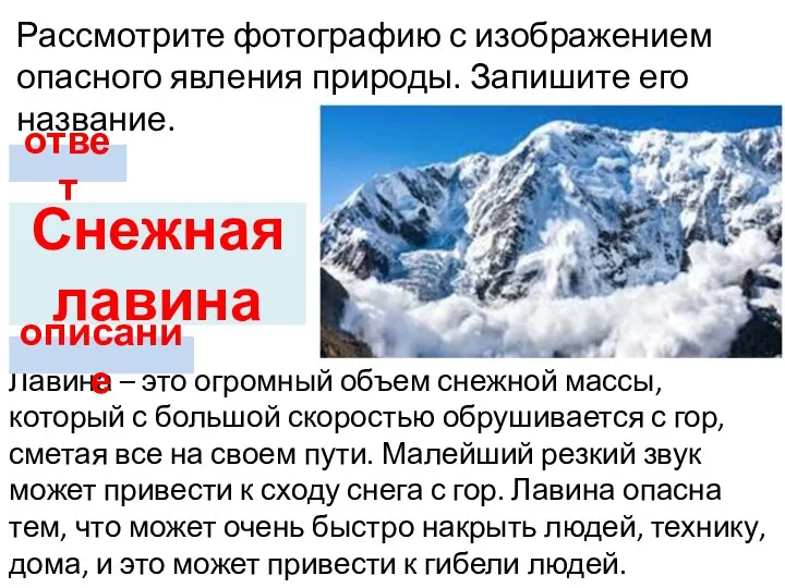 Рассмотрите фотографию с изображением опасного явления природы. Запишите его название. Чем