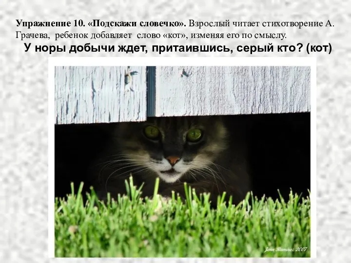 Упражнение 10. «Подскажи словечко». Взрослый читает стихотворение А. Грачева, ребенок добавляет