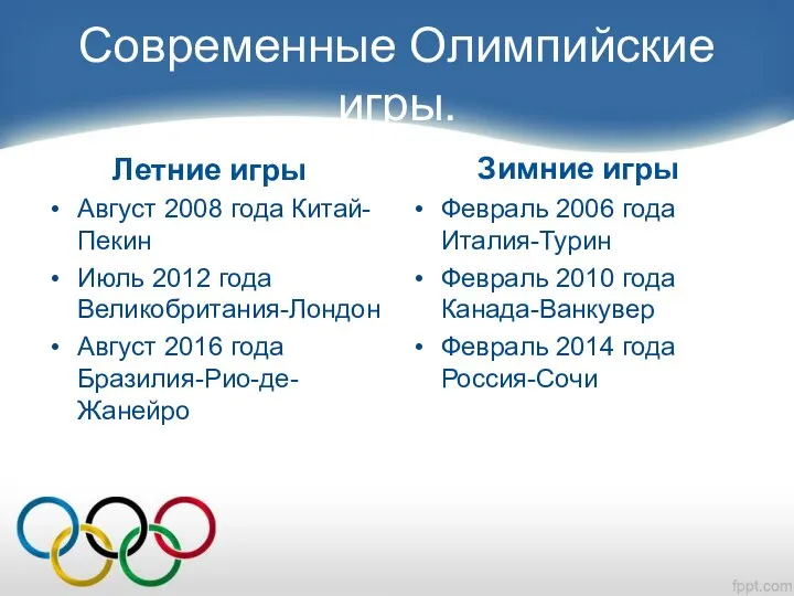 Современные Олимпийские игры. Летние игры Август 2008 года Китай-Пекин Июль 2012