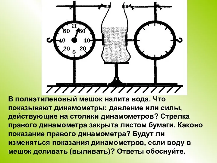 В полиэтиленовый мешок налита вода. Что показывают динамометры: давление или силы,