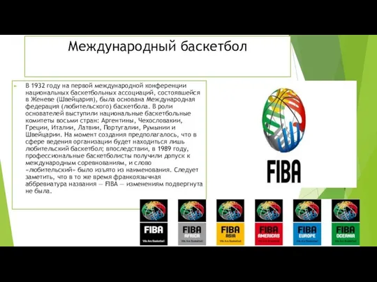 Международный баскетбол В 1932 году на первой международной конференции национальных баскетбольных