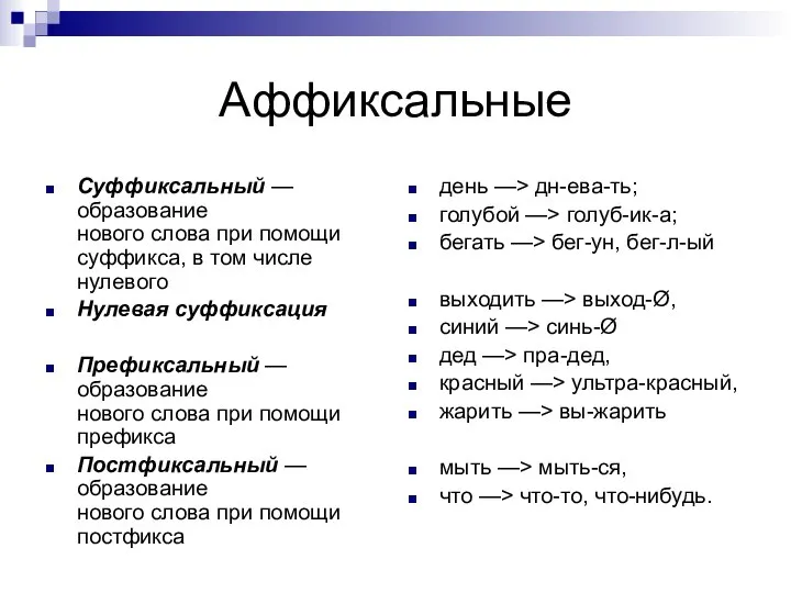 Аффиксальные Суффиксальный — образование нового слова при помощи суффикса, в том