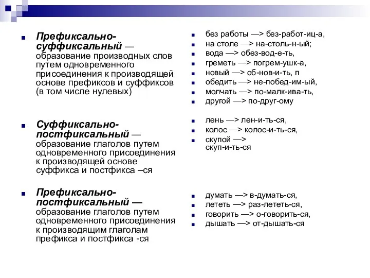 Префиксально-суффиксальный — образование производных слов путем одновременного присоединения к производящей основе