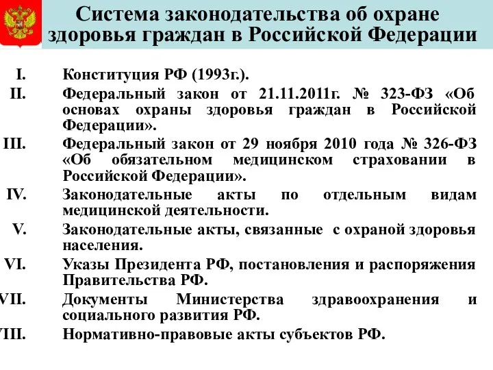 Система законодательства об охране здоровья граждан в Российской Федерации Конституция РФ