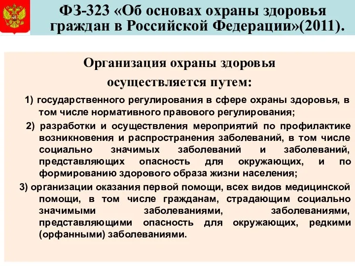 ФЗ-323 «Об основах охраны здоровья граждан в Российской Федерации»(2011). Организация охраны