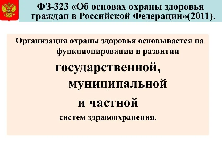 ФЗ-323 «Об основах охраны здоровья граждан в Российской Федерации»(2011). Организация охраны