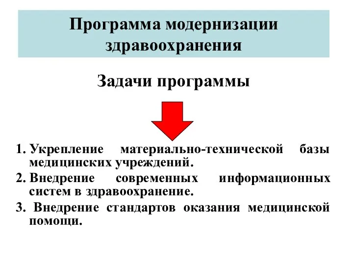 Программа модернизации здравоохранения Задачи программы 1. Укрепление материально-технической базы медицинских учреждений.