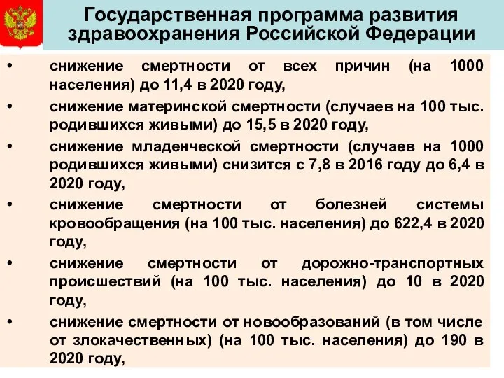 Государственная программа развития здравоохранения Российской Федерации снижение смертности от всех причин