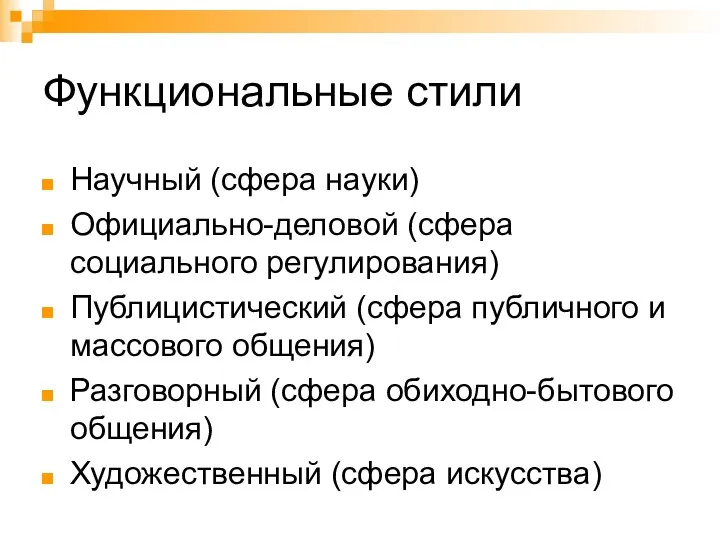 Функциональные стили Научный (сфера науки) Официально-деловой (сфера социального регулирования) Публицистический (сфера