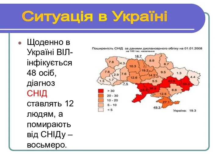 Ситуація в Україні Щоденно в Україні ВІЛ-інфікується 48 осіб, діагноз СНІД