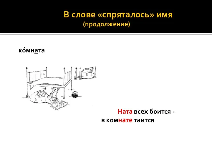 В слове «спряталось» имя (продолжение) кóмната Ната всех боится - в комнате таится