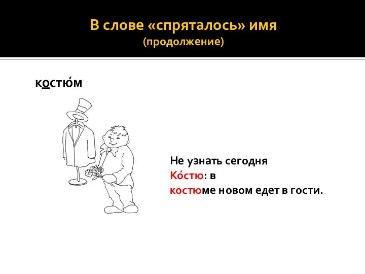 В слове «спряталось» имя (продолжение) костю́м Не узнать сегодня Ко́стю: в костюме новом едет в гости.