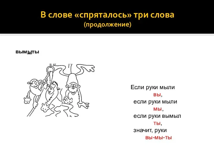 В слове «спряталось» три слова (продолжение) вымыты Если руки мыли вы,