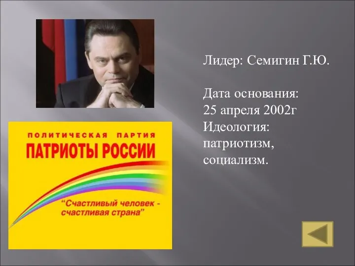 Лидер: Семигин Г.Ю. Дата основания: 25 апреля 2002г Идеология: патриотизм, социализм.