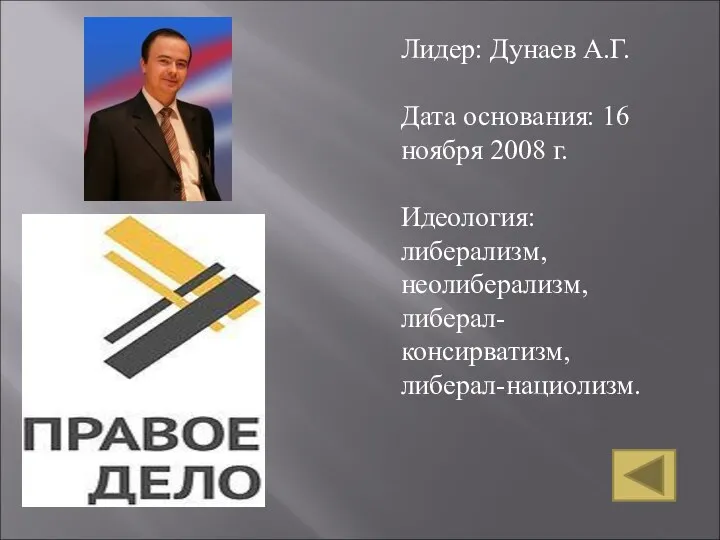 Лидер: Дунаев А.Г. Дата основания: 16 ноября 2008 г. Идеология: либерализм, неолиберализм, либерал-консирватизм, либерал-нациолизм.