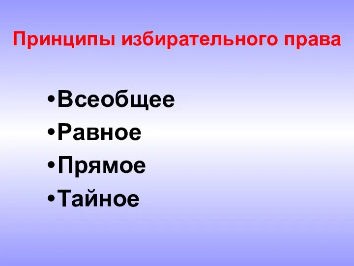 Принципы избирательного права Всеобщее Равное Прямое Тайное