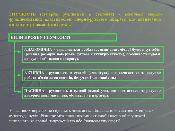 ГНУЧКІСТЬ (сумарна рухливість в суглобах) - комплекс морфо-функціональних властивостей опорно-рухового апарату,