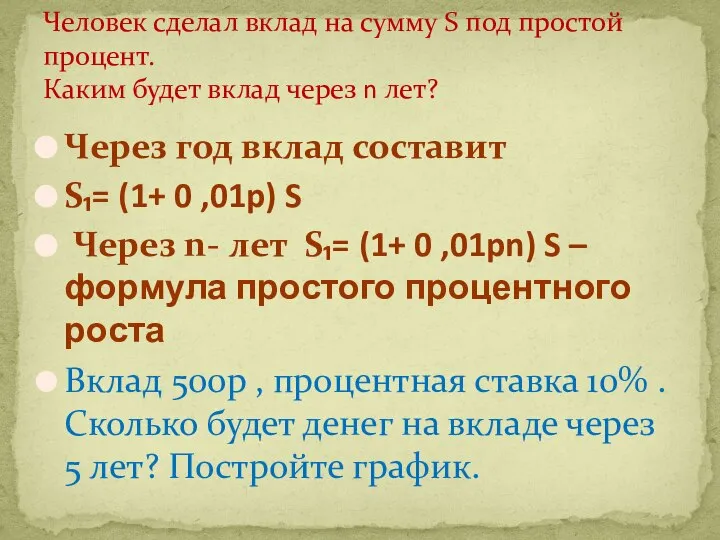 Через год вклад составит S₁= (1+ 0 ,01p) S Через n-