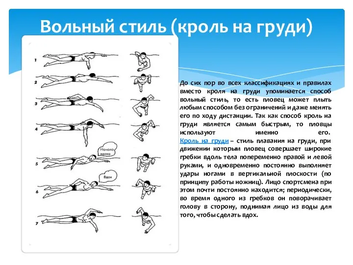 Вольный стиль (кроль на груди) До сих пор во всех классификациях