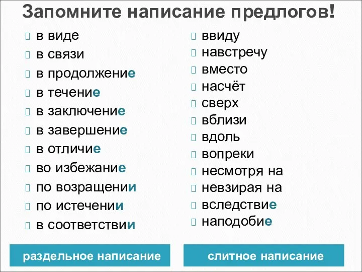 Запомните написание предлогов! раздельное написание слитное написание в виде в связи