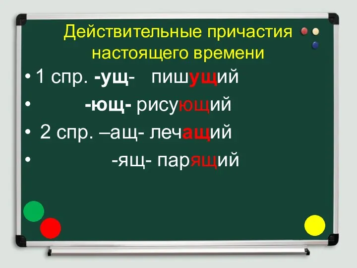 Действительные причастия настоящего времени 1 спр. -ущ- пишущий -ющ- рисующий 2 спр. –ащ- лечащий -ящ- парящий