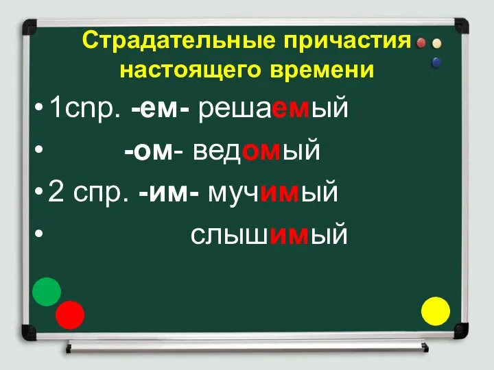 Страдательные причастия настоящего времени 1cnp. -ем- решаемый -ом- ведомый 2 спр. -им- мучимый слышимый