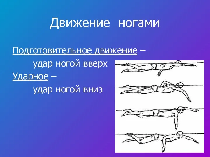 Движение ногами Подготовительное движение – удар ногой вверх Ударное – удар ногой вниз