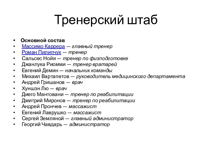 Тренерский штаб Основной состав Массимо Каррера — главный тренер Роман Пилипчук